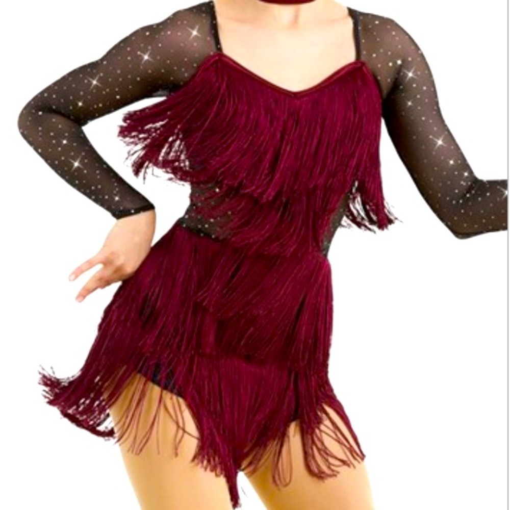 Dance costume Body suit with burgundy fringe and sheer long sleeves size Large